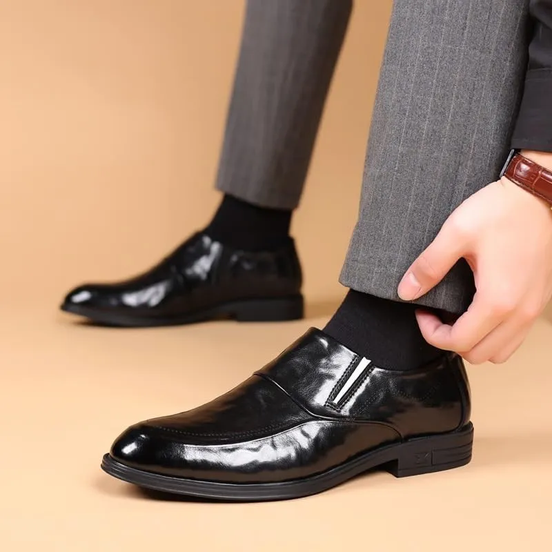 Formal Shoes for Men Slip On Pointed Burnished Toe Leather Apron Toe Slip Resistant Rubber Sole Non Slip Low Top Block Heel Outdoor