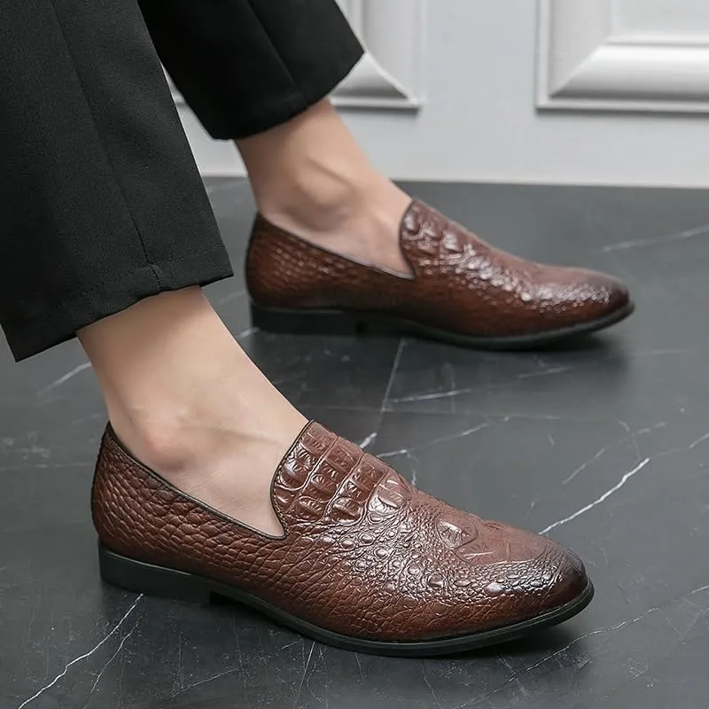 Formal Shoes for Men Slip On Round Burnished Toe Vegan Leather Crocodile Print Low Top Resistant Non Slip Block Heel Rubber Sole Casual