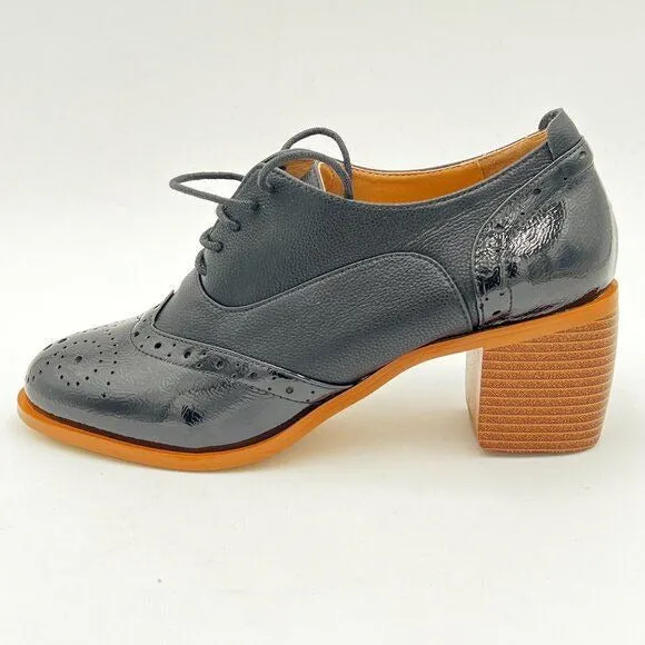 FOWT Black Perforated Lace-Up Oxfords Almond Toe Mid Chunky Heel Shoes