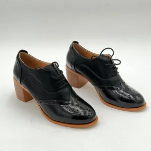 FOWT Black Perforated Lace-Up Oxfords Almond Toe Mid Chunky Heel Shoes