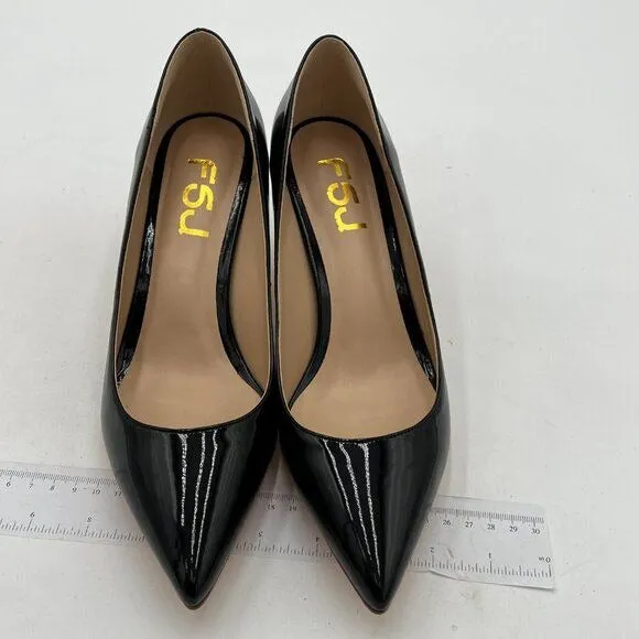 FSJ Black Kitten Heels Pointy Closed Toe Pumps Slip On Office Ladies Party Shoe