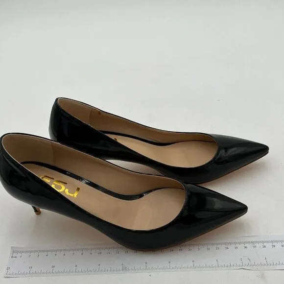 FSJ Black Kitten Heels Pointy Closed Toe Pumps Slip On Office Ladies Party Shoe