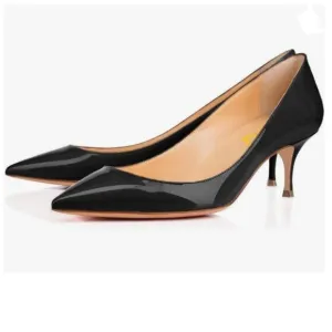 FSJ Black Kitten Heels Pointy Closed Toe Pumps Slip On Office Ladies Party Shoe