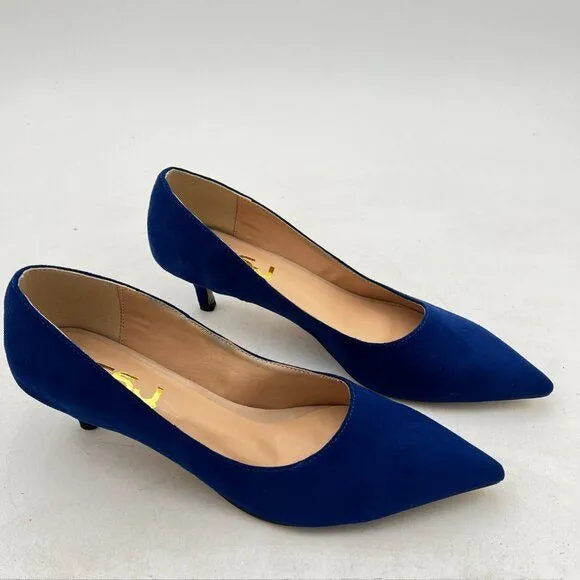 FSJ Blue Suede Kitten Heels Pointy Closed Toe Pumps Slip On Office Dress Shoe
