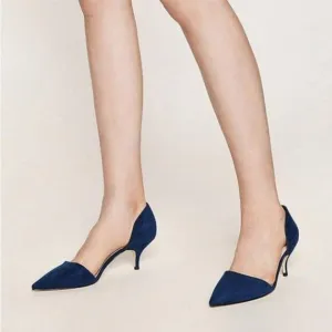 FSJ Dark Blue D'orsay Comfy Kitten Heels Pointed Toe Slip On Business Pumps