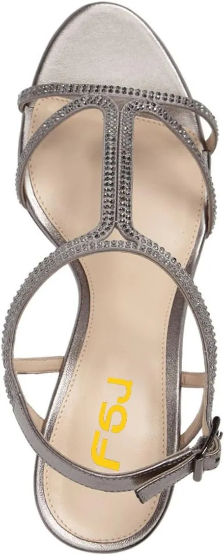 FSJ Women Casual T-Strap Sandal Open Toe Stacked Kitten Heel Strappy Rhinestone Shoe Size 4-15 US