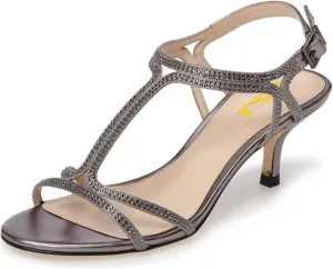 FSJ Women Casual T-Strap Sandal Open Toe Stacked Kitten Heel Strappy Rhinestone Shoe Size 4-15 US