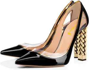 FSJ Women Gold Metal Chain Chunky High Heel Pointed Toe Slip On Fashion Party Prom Pumps Prom Shoes Size 4-15 US