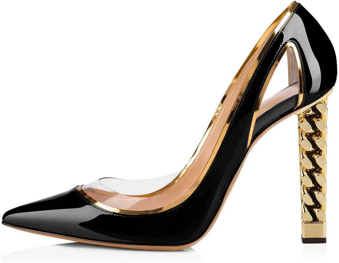 FSJ Women Gold Metal Chain Chunky High Heel Pointed Toe Slip On Fashion Party Prom Pumps Prom Shoes Size 4-15 US