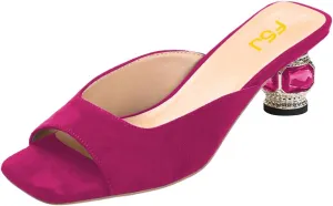 FSJ Women Square Open Toe Block Crystal Low Heel Mule Sandals Backless Slip On Jeweled Slide Heels Comfort Casual Slipper Dress Shoes Size 4-16 US