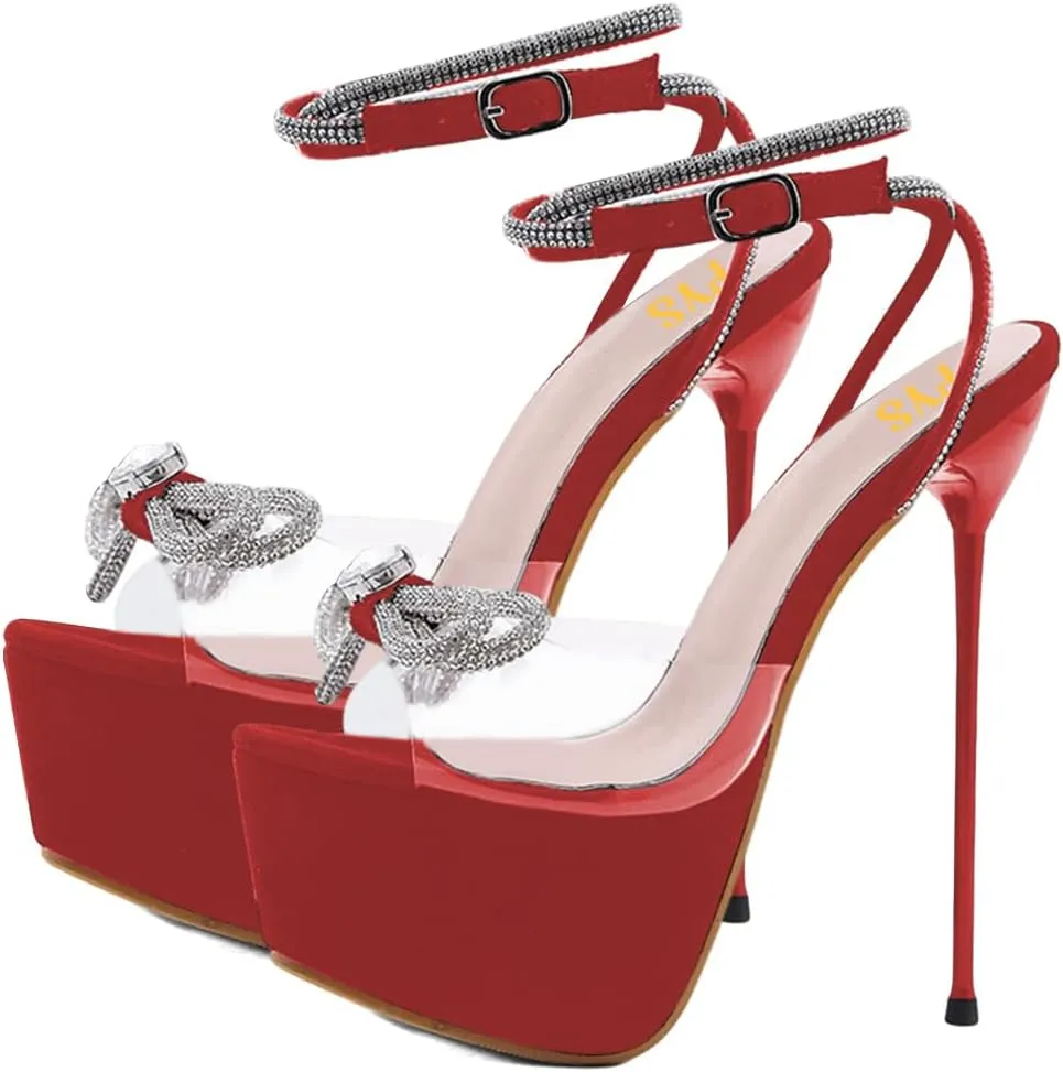 FYS Women's Fashion Open Toe Clear Platform Sandal Glitter Rhinestone Bowknot Stiletto Sky High Heels Ankle Strap Dress Prom Evening Shoes Size 4-16 US