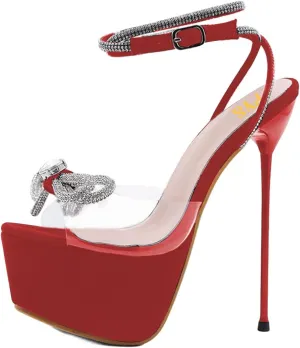 FYS Women's Fashion Open Toe Clear Platform Sandal Glitter Rhinestone Bowknot Stiletto Sky High Heels Ankle Strap Dress Prom Evening Shoes Size 4-16 US