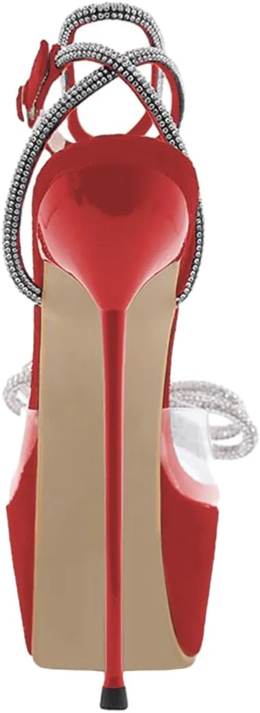FYS Women's Fashion Open Toe Clear Platform Sandal Glitter Rhinestone Bowknot Stiletto Sky High Heels Ankle Strap Dress Prom Evening Shoes Size 4-16 US