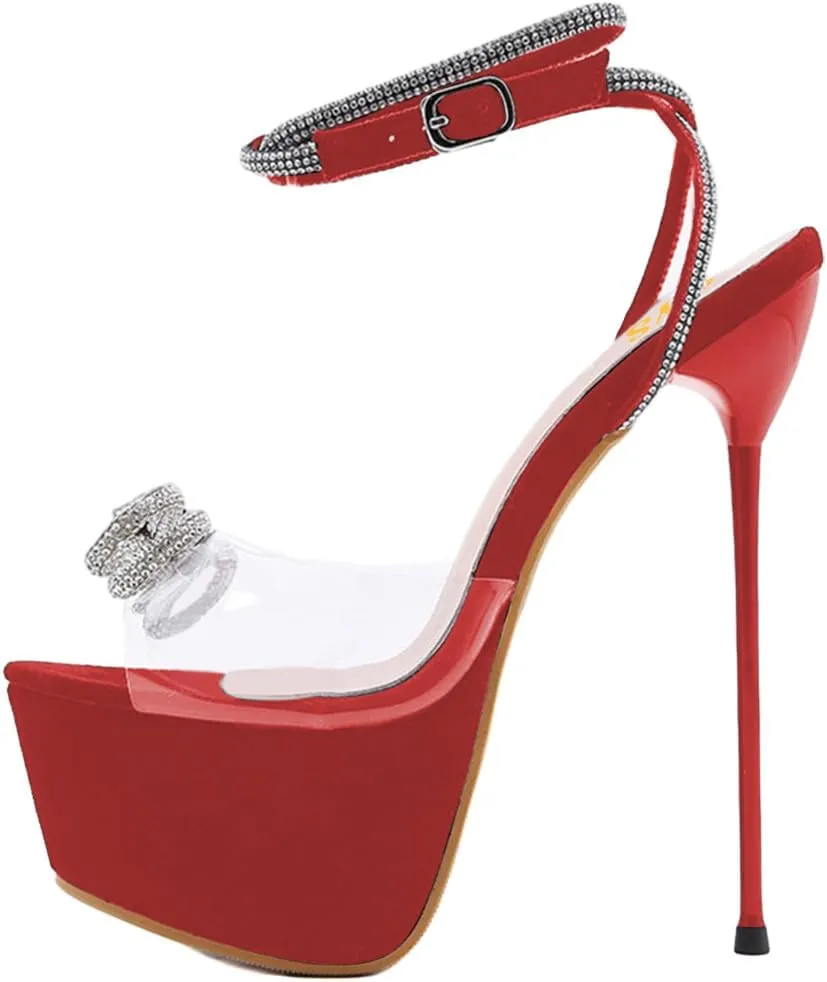 FYS Women's Fashion Open Toe Clear Platform Sandal Glitter Rhinestone Bowknot Stiletto Sky High Heels Ankle Strap Dress Prom Evening Shoes Size 4-16 US