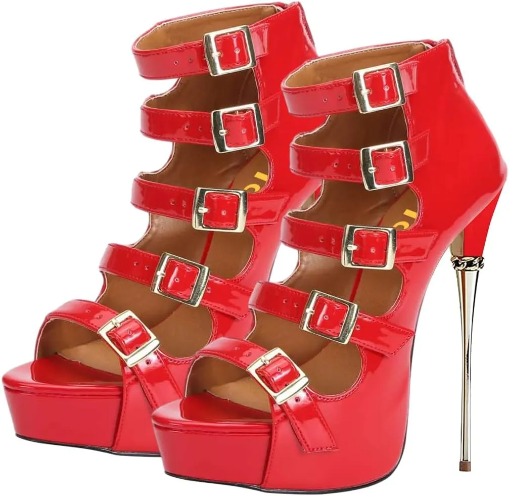 FYS Women's Sexy Buckle Strappy Platform Sandal Stiletto Ultra High Heels Open Toe Back Zip Booties Spikes Party Dress Ladies Shoes Size 4-16 US
