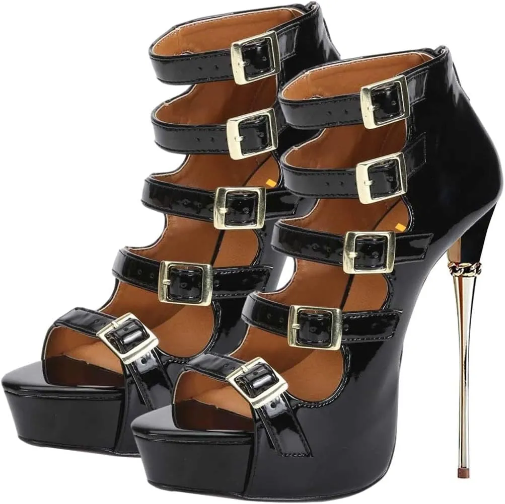 FYS Women's Sexy Buckle Strappy Platform Sandal Stiletto Ultra High Heels Open Toe Back Zip Booties Spikes Party Dress Ladies Shoes Size 4-16 US