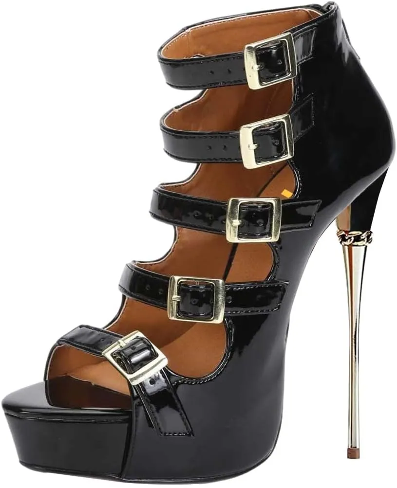 FYS Women's Sexy Buckle Strappy Platform Sandal Stiletto Ultra High Heels Open Toe Back Zip Booties Spikes Party Dress Ladies Shoes Size 4-16 US