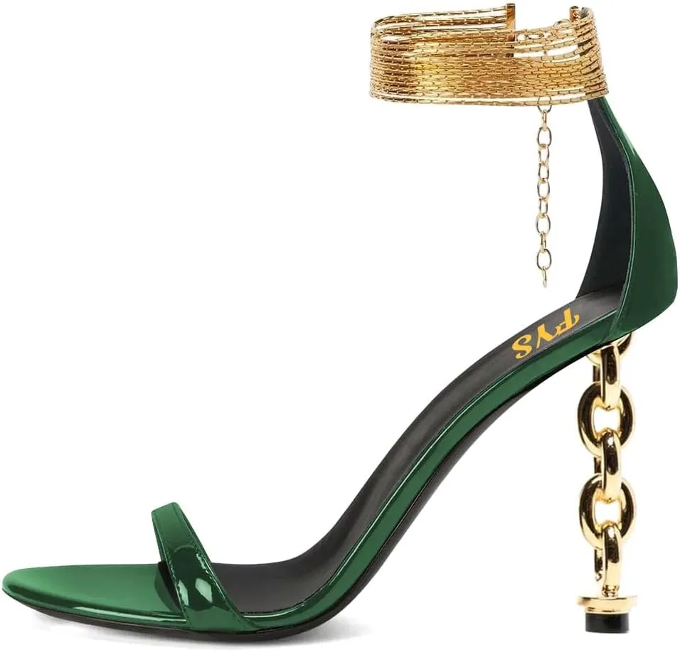 FYS Women's Sexy Open Toe Single Strap Heeled Sandals Gold Chain Special High Heels Ankle Wrap Party Club Night Dress Prom Shoes Size 4-16 US