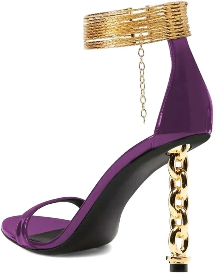 FYS Women's Sexy Open Toe Single Strap Heeled Sandals Gold Chain Special High Heels Ankle Wrap Party Club Night Dress Prom Shoes Size 4-16 US