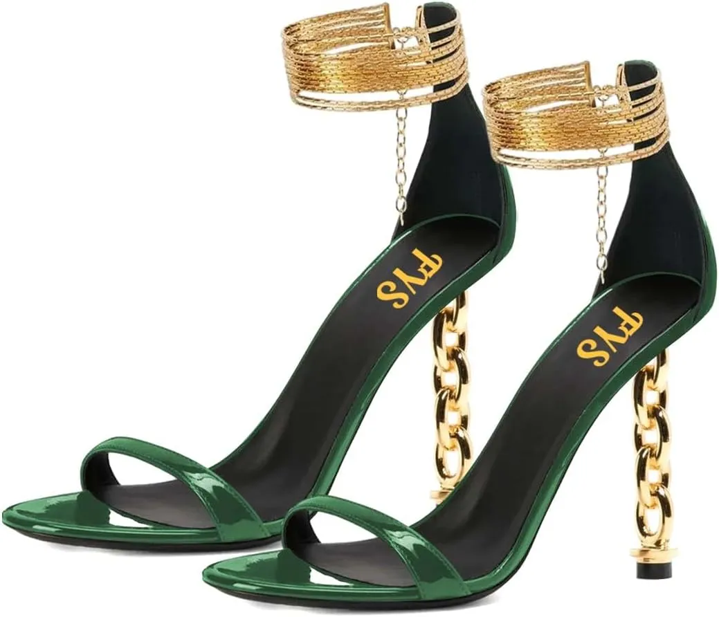 FYS Women's Sexy Open Toe Single Strap Heeled Sandals Gold Chain Special High Heels Ankle Wrap Party Club Night Dress Prom Shoes Size 4-16 US