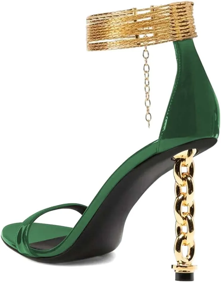 FYS Women's Sexy Open Toe Single Strap Heeled Sandals Gold Chain Special High Heels Ankle Wrap Party Club Night Dress Prom Shoes Size 4-16 US
