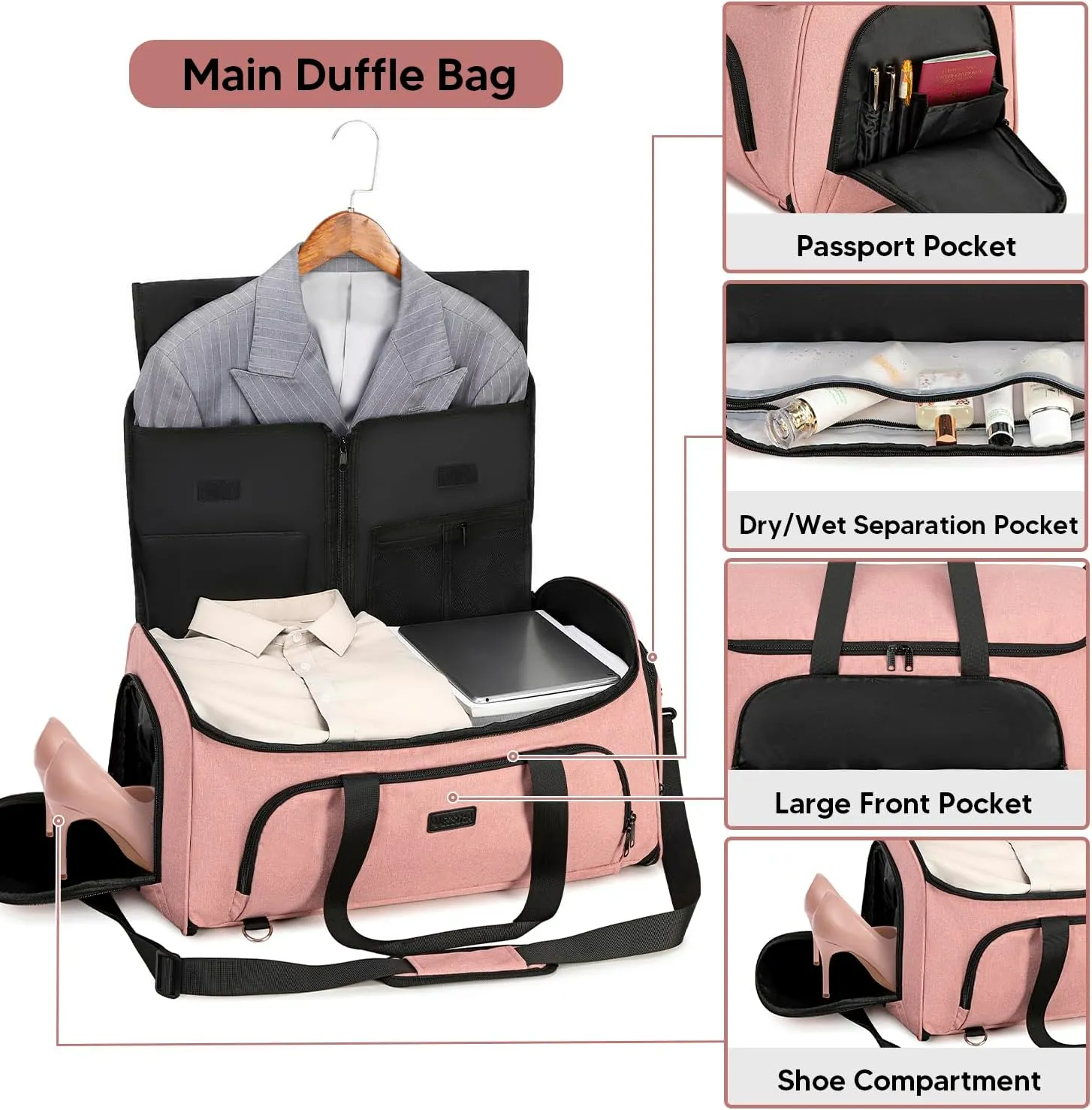 Garment Bags for Travel, Convertible Garment Duffle Bag for Men Women, Carry On Garment Bag Backpack, 4 in 1 Travel Suit Bag with Shoe Compartment, Large Weekender Bag