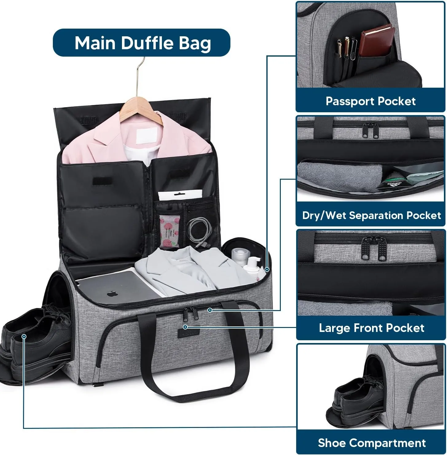 Garment Bags for Travel, Convertible Garment Duffle Bag for Men Women, Carry On Garment Bag Backpack, 4 in 1 Travel Suit Bag with Shoe Compartment, Large Weekender Bag