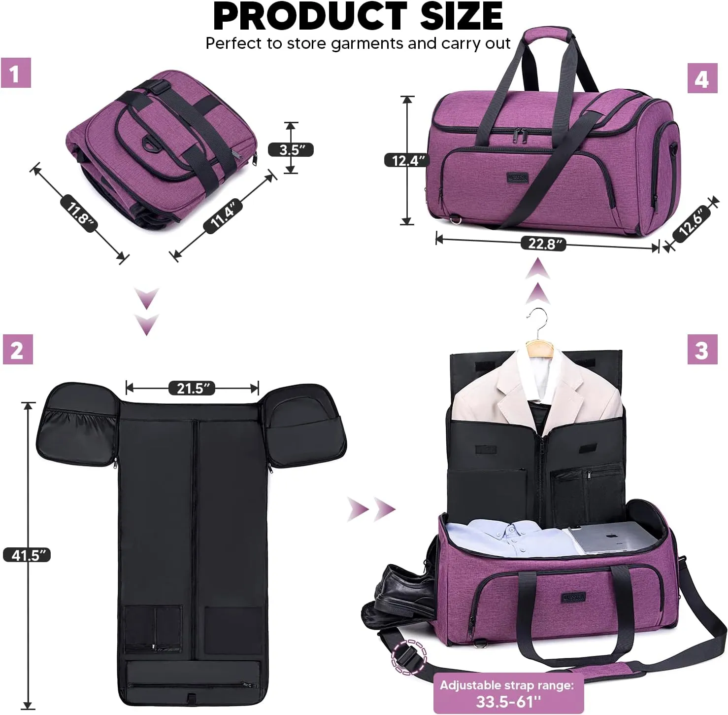 Garment Bags for Travel, Convertible Garment Duffle Bag for Men Women, Carry On Garment Bag Backpack, 4 in 1 Travel Suit Bag with Shoe Compartment, Large Weekender Bag