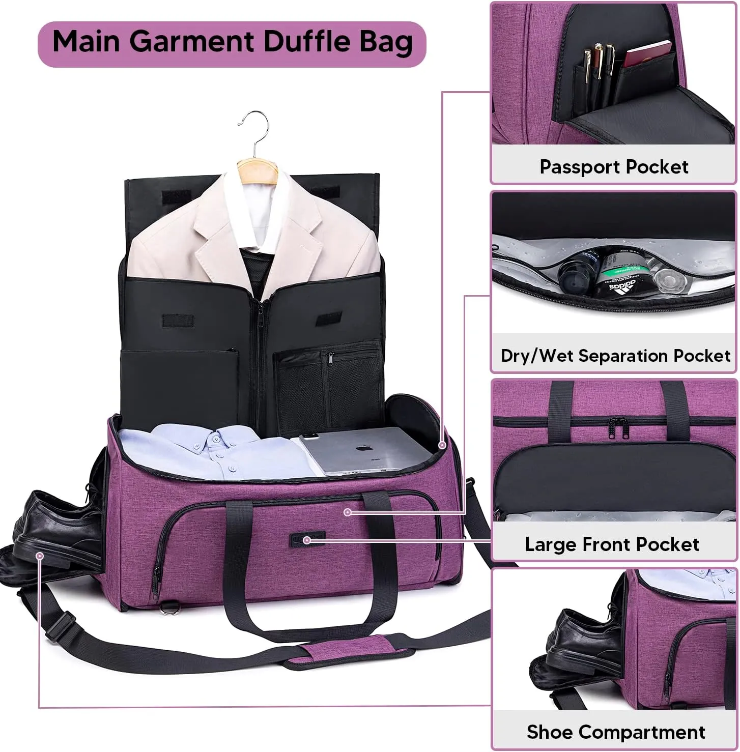 Garment Bags for Travel, Convertible Garment Duffle Bag for Men Women, Carry On Garment Bag Backpack, 4 in 1 Travel Suit Bag with Shoe Compartment, Large Weekender Bag