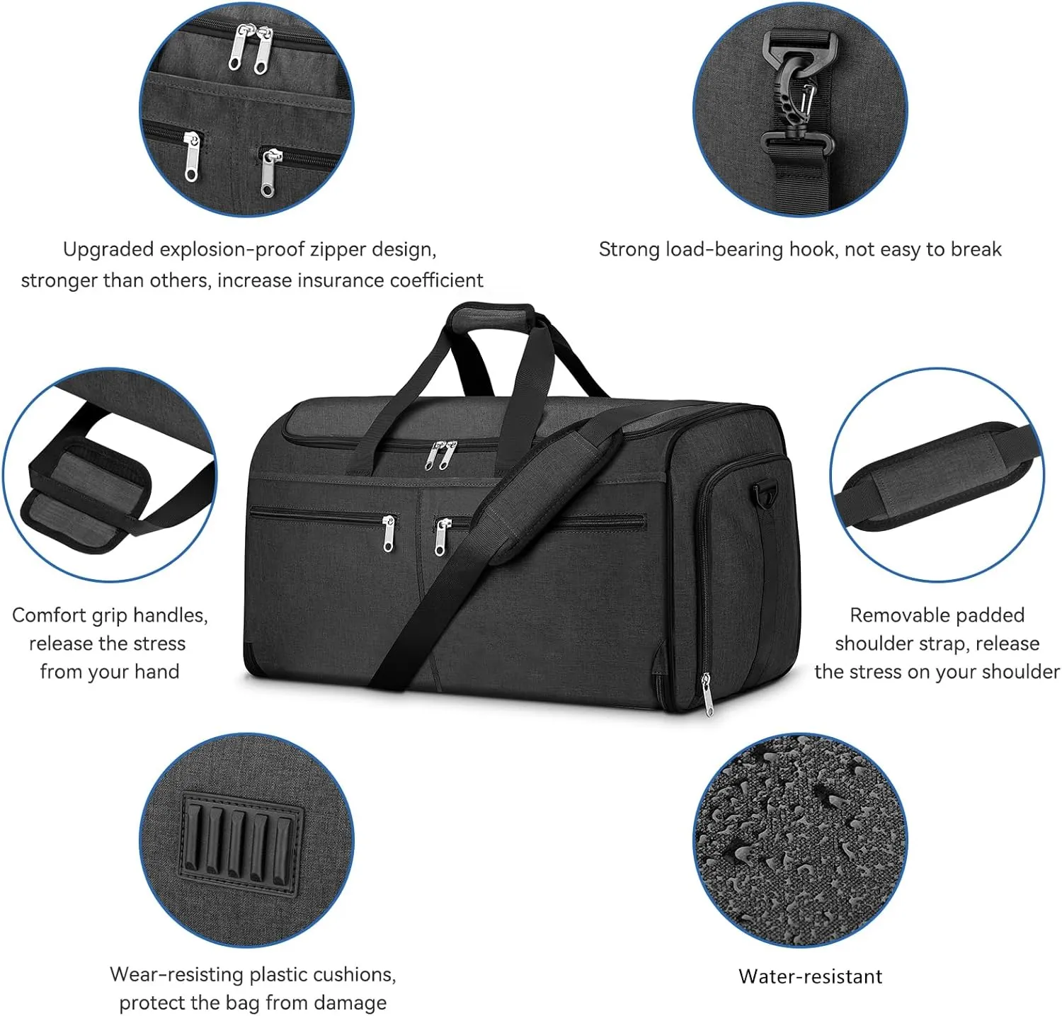 Garment Duffle Bags for Travel, Bukere Convertible Carry on Garment Duffel Bag for Men Women, Shoe Compartment, 2 in 1 Hanging Dress Suitcase Suit Travel Bags, Midnight Grey