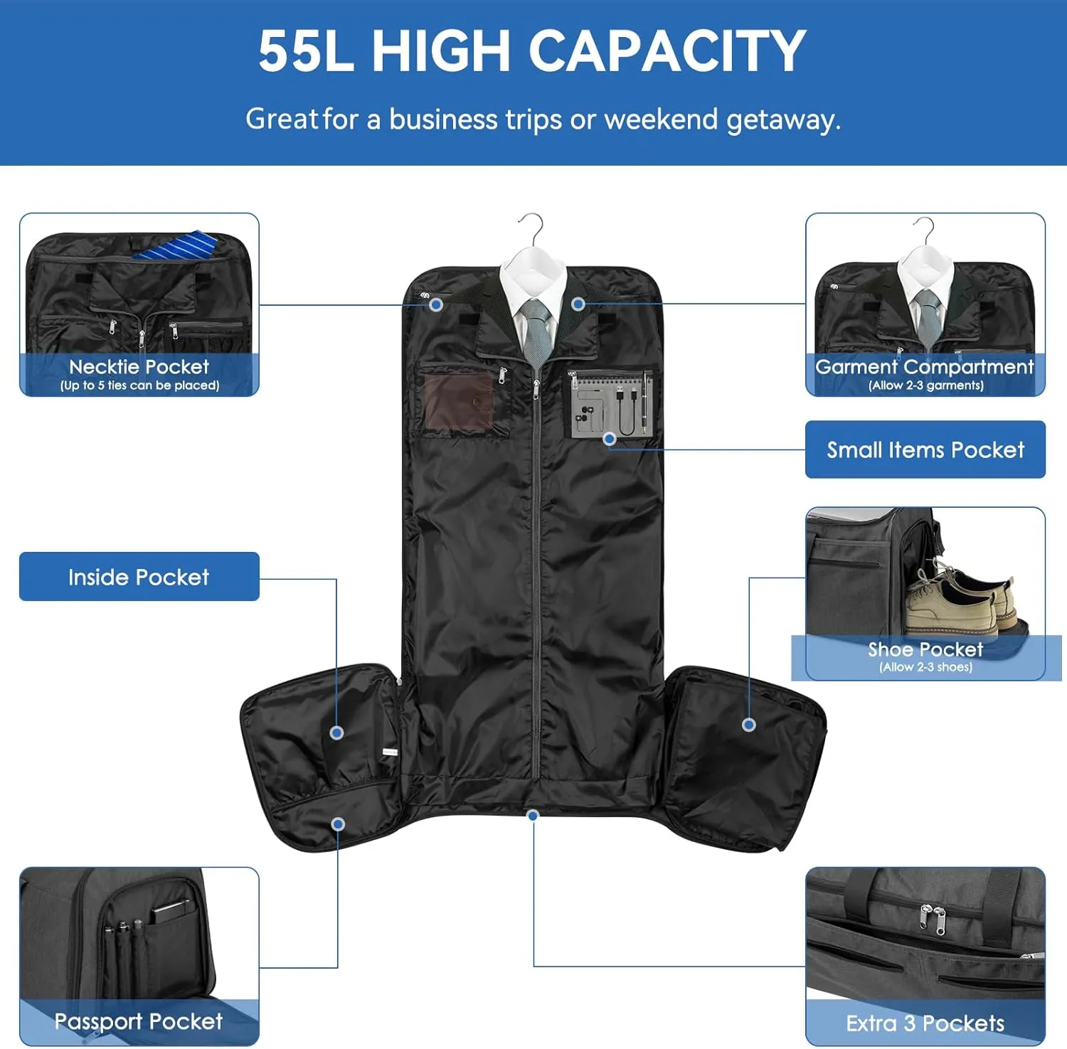 Garment Duffle Bags for Travel, Bukere Convertible Carry on Garment Duffel Bag for Men Women, Shoe Compartment, 2 in 1 Hanging Dress Suitcase Suit Travel Bags, Midnight Grey