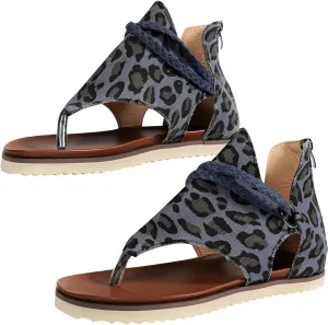 Gladiator Sandals for Women Flats Casual Summer Leopard Print Braid Straps Back Zip Clip Toe Flip Flops Lightweight Round Toe Hollow Roman Shoes