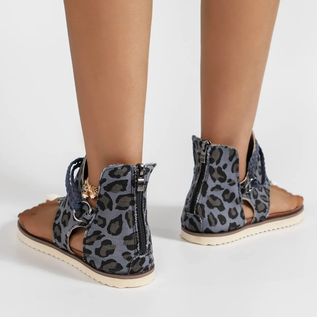 Gladiator Sandals for Women Flats Casual Summer Leopard Print Braid Straps Back Zip Clip Toe Flip Flops Lightweight Round Toe Hollow Roman Shoes