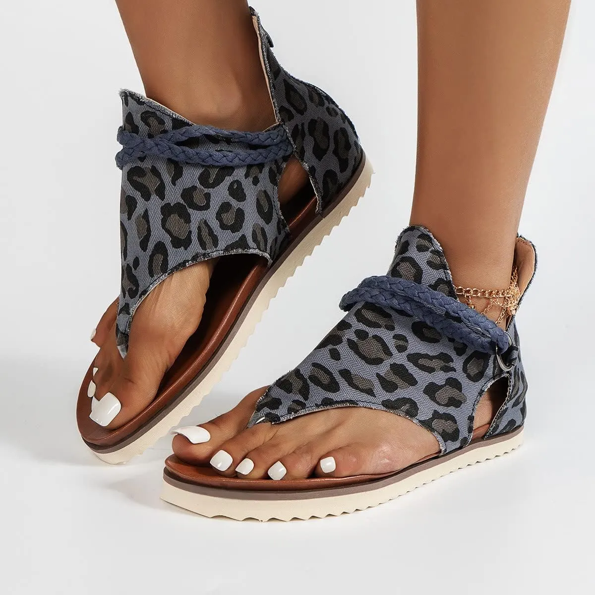 Gladiator Sandals for Women Flats Casual Summer Leopard Print Braid Straps Back Zip Clip Toe Flip Flops Lightweight Round Toe Hollow Roman Shoes