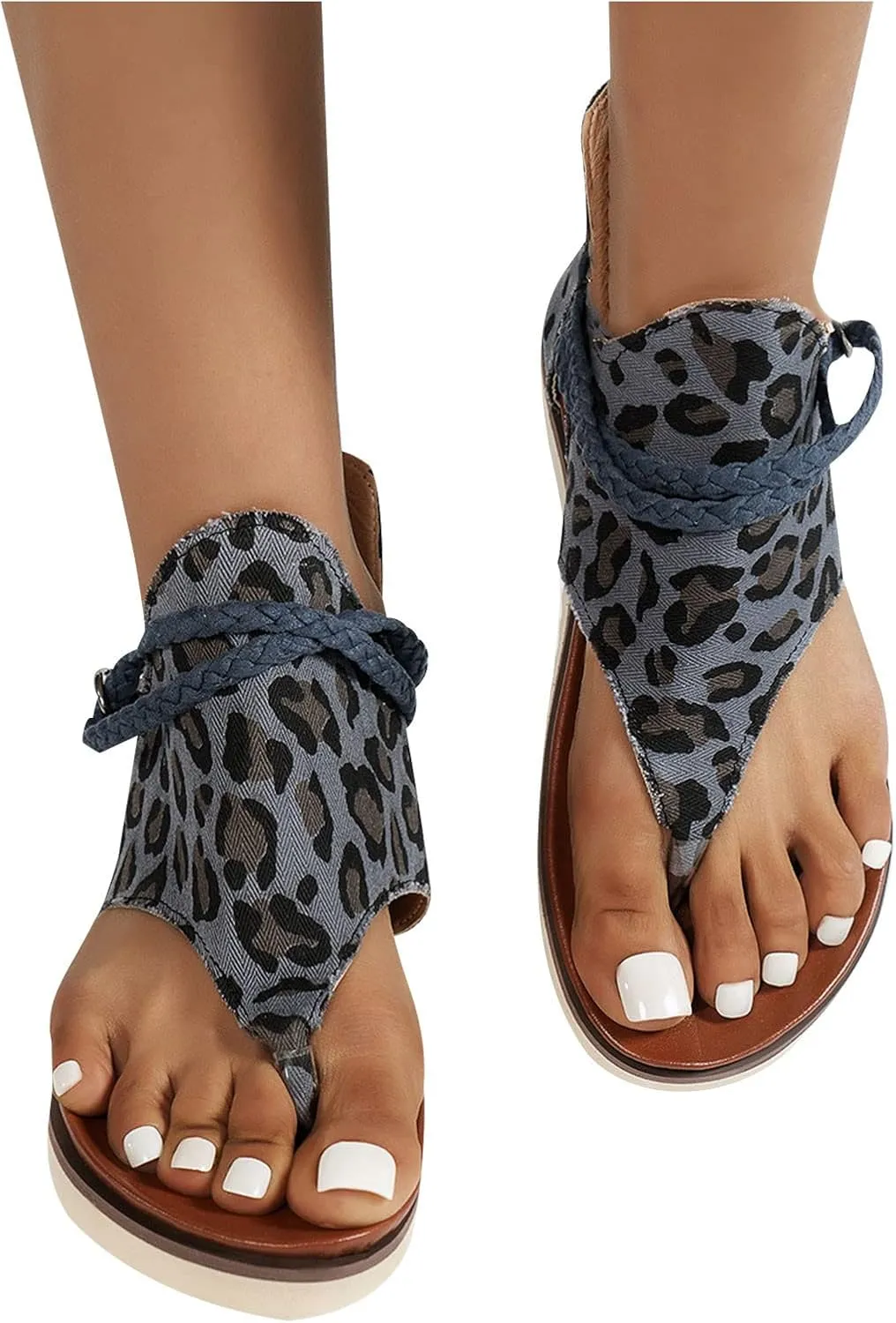 Gladiator Sandals for Women Flats Casual Summer Leopard Print Braid Straps Back Zip Clip Toe Flip Flops Lightweight Round Toe Hollow Roman Shoes