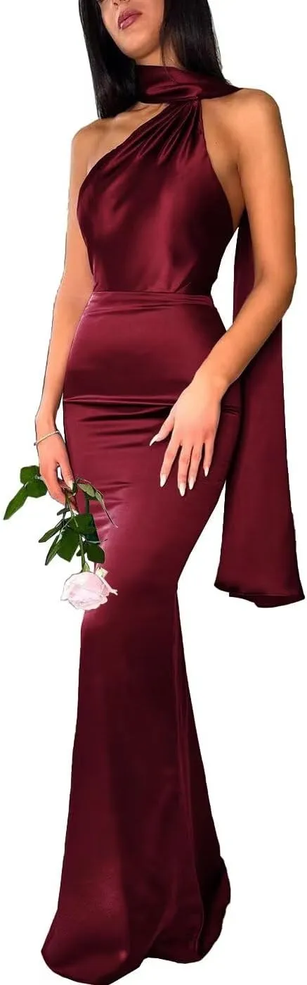 Halter Mermaid Bridesmaid Dresses for Wedding Long Satin Pleated High Waist Bodycon Prom Formal Evening Party Gowns