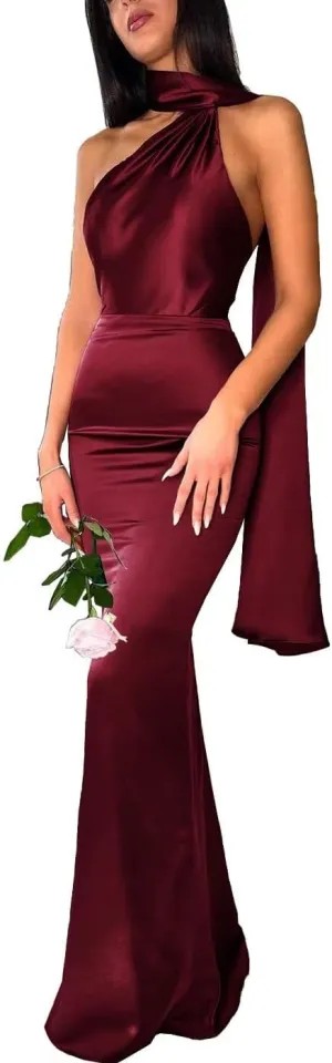 Halter Mermaid Bridesmaid Dresses for Wedding Long Satin Pleated High Waist Bodycon Prom Formal Evening Party Gowns