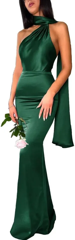 Halter Mermaid Bridesmaid Dresses for Wedding Long Satin Pleated High Waist Bodycon Prom Formal Evening Party Gowns