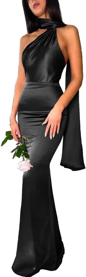Halter Mermaid Bridesmaid Dresses for Wedding Long Satin Pleated High Waist Bodycon Prom Formal Evening Party Gowns