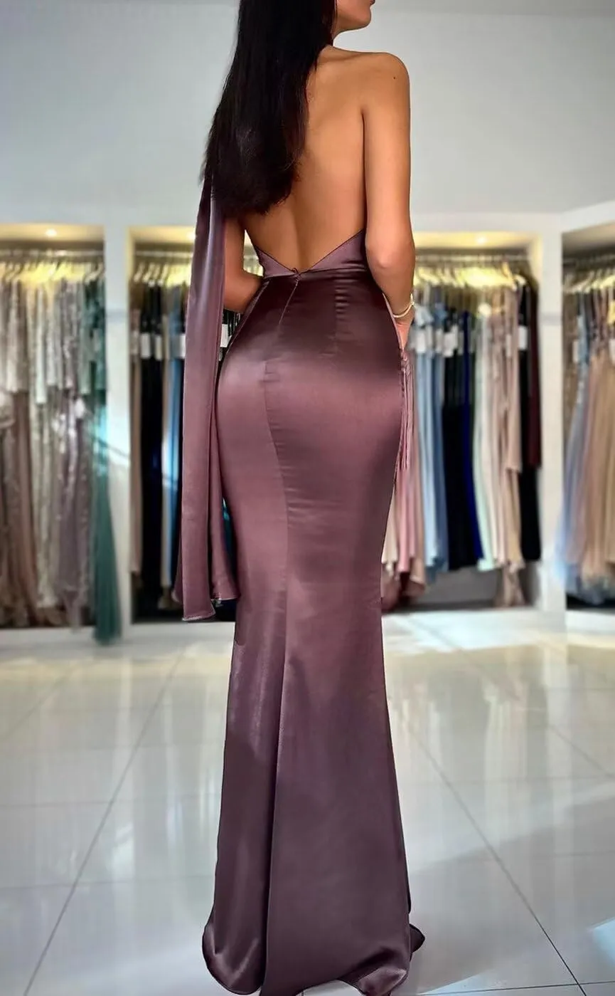 Halter Mermaid Bridesmaid Dresses for Wedding Long Satin Pleated High Waist Bodycon Prom Formal Evening Party Gowns