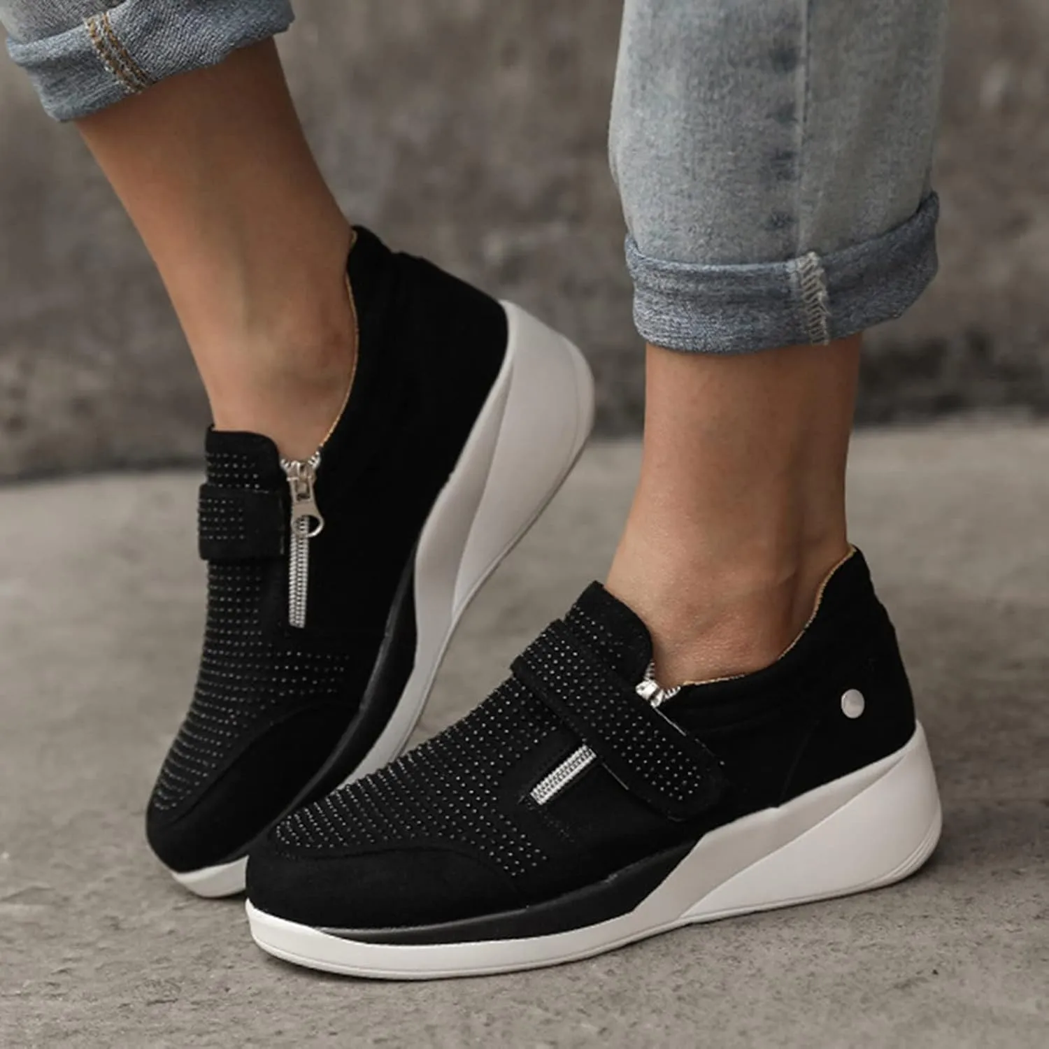Hbeylia Platform Wedge Sneakers for Women Fashion Casual Chunky Bottom High Heels Side Zipper Canvas Shoes Casual Anti Skid Slip On Trendy Walking Loafers Work Shoes