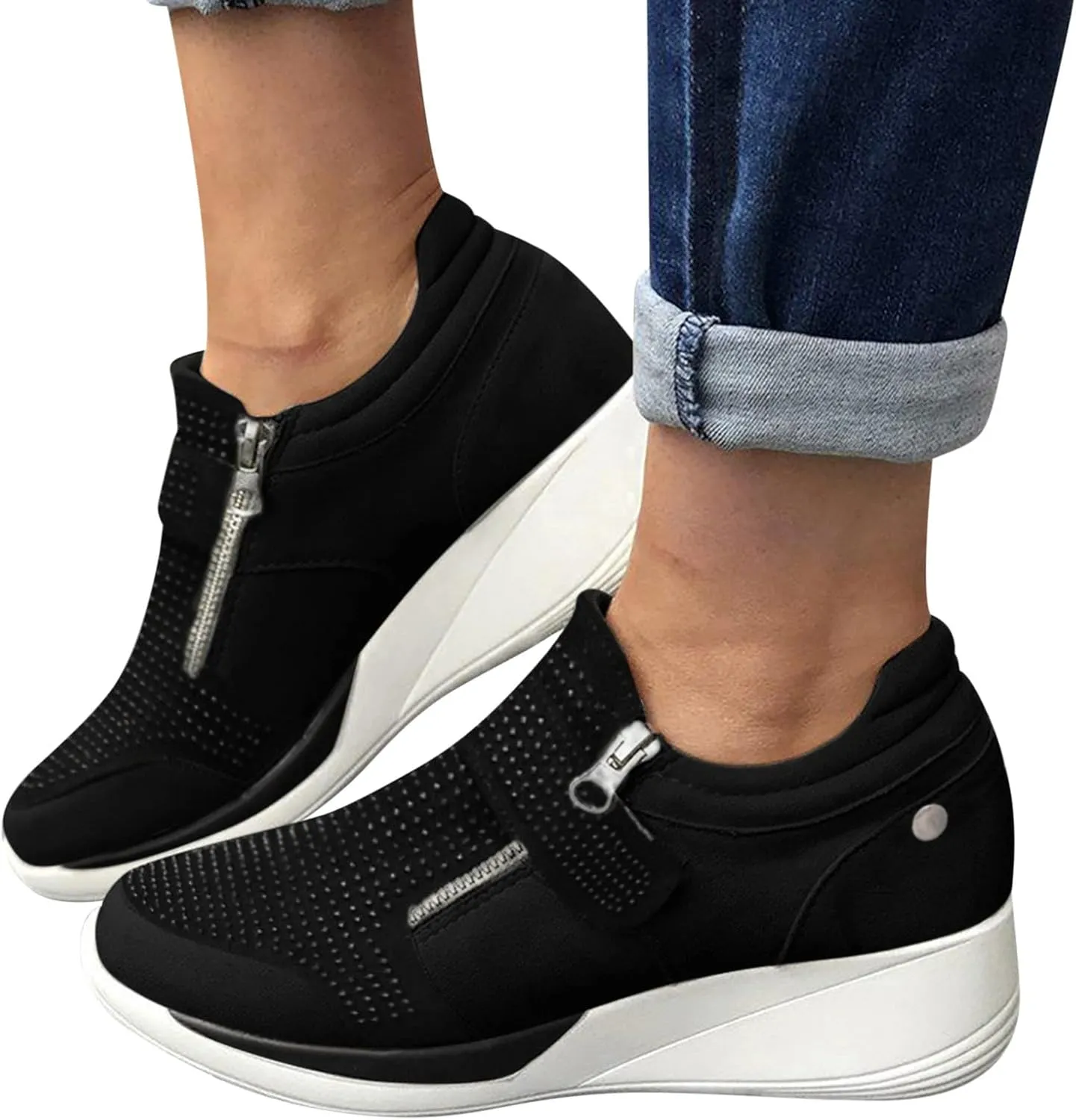 Hbeylia Platform Wedge Sneakers for Women Fashion Casual Chunky Bottom High Heels Side Zipper Canvas Shoes Casual Anti Skid Slip On Trendy Walking Loafers Work Shoes