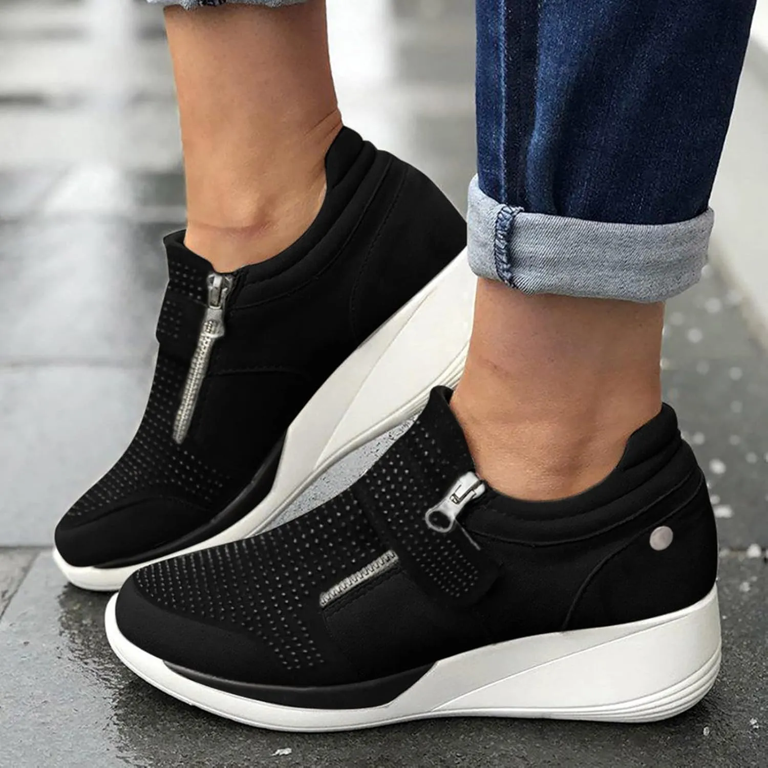 Hbeylia Platform Wedge Sneakers for Women Fashion Casual Chunky Bottom High Heels Side Zipper Canvas Shoes Casual Anti Skid Slip On Trendy Walking Loafers Work Shoes