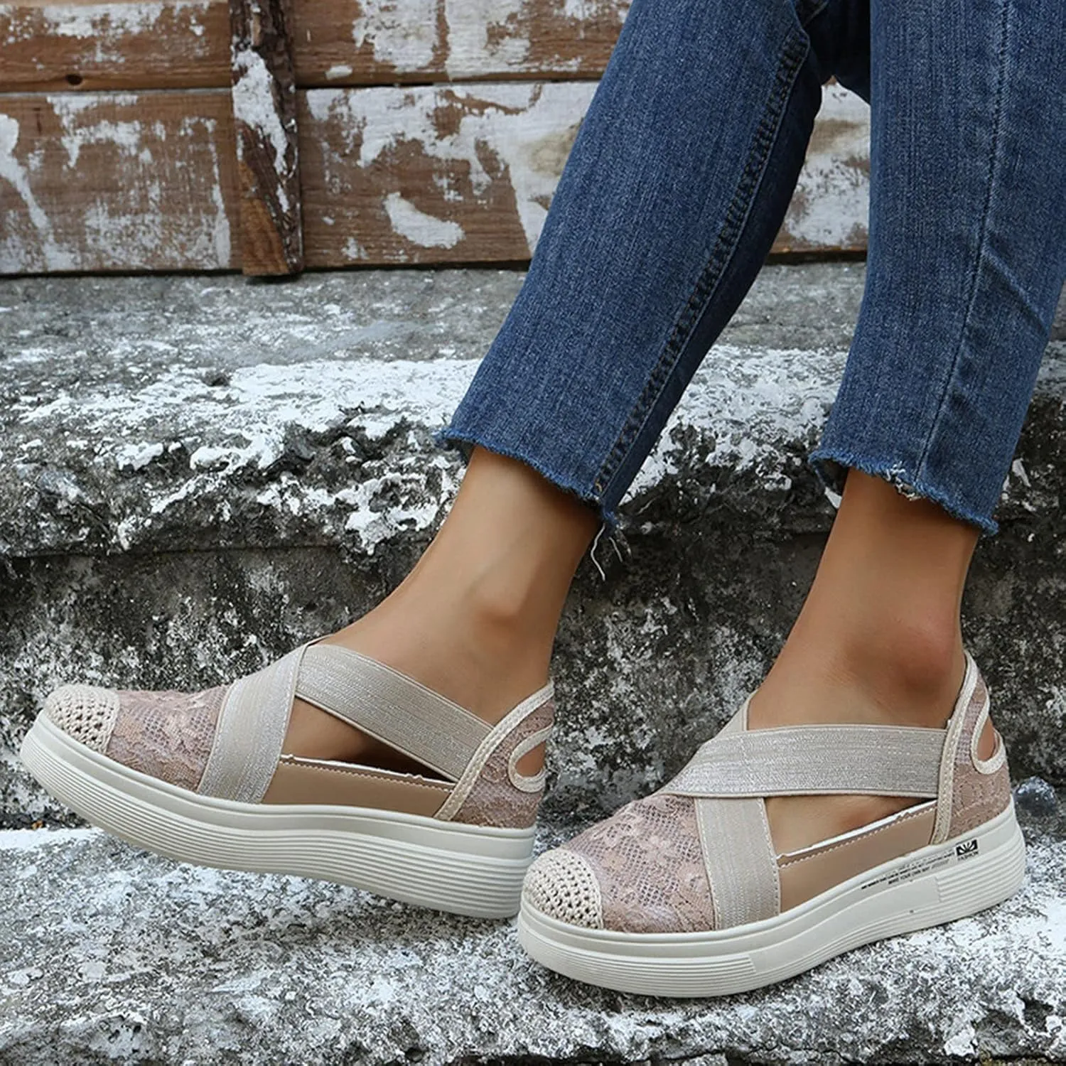 Hbeylia Women's Platform Slip On Loafers Lace Mesh Cut Out Crisscross Walking Shoes Chunky Bottom Heels Flats Low Top Fashion Casual Play Sneakers for Women Girls Work Nurse Outdoor Sports
