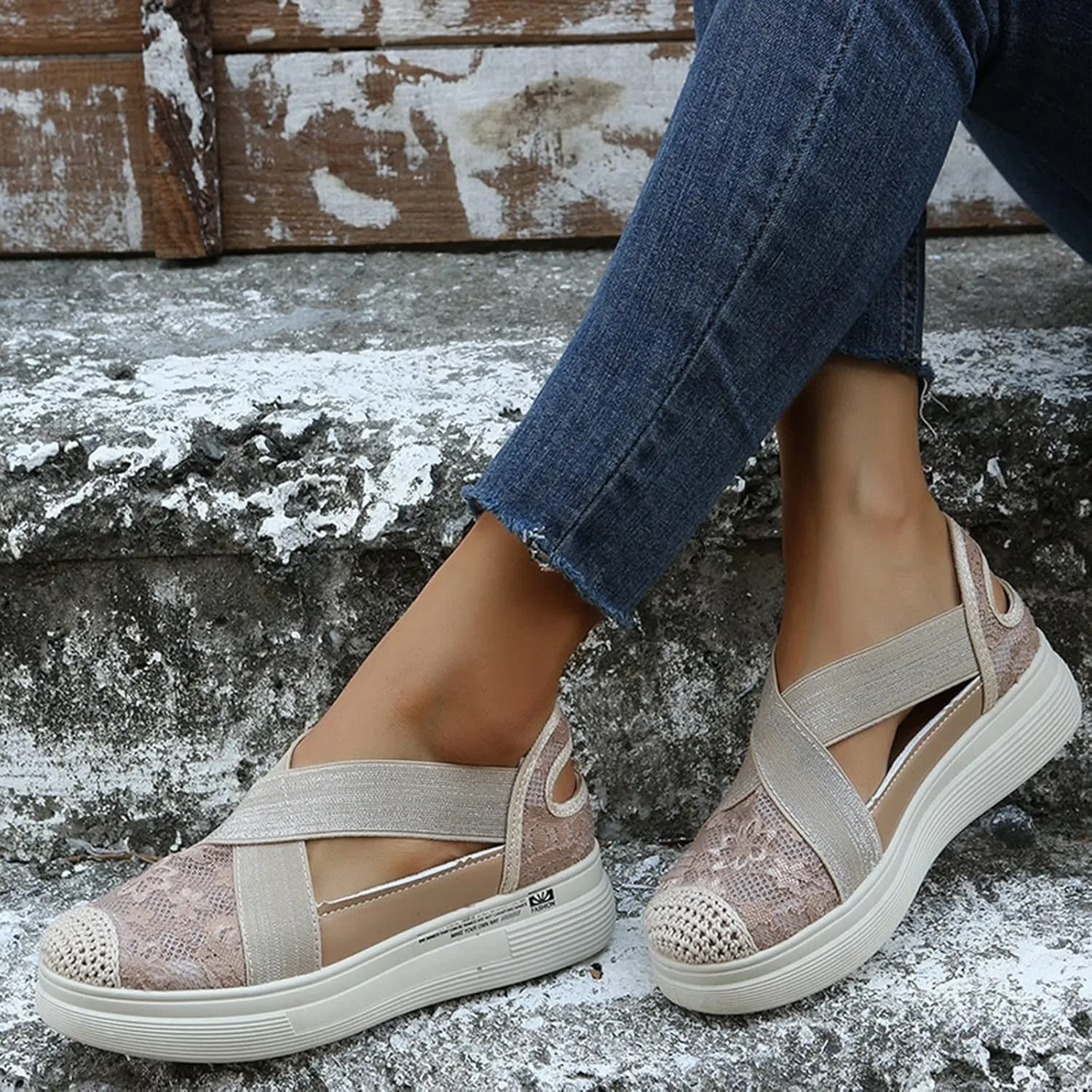 Hbeylia Women's Platform Slip On Loafers Lace Mesh Cut Out Crisscross Walking Shoes Chunky Bottom Heels Flats Low Top Fashion Casual Play Sneakers for Women Girls Work Nurse Outdoor Sports