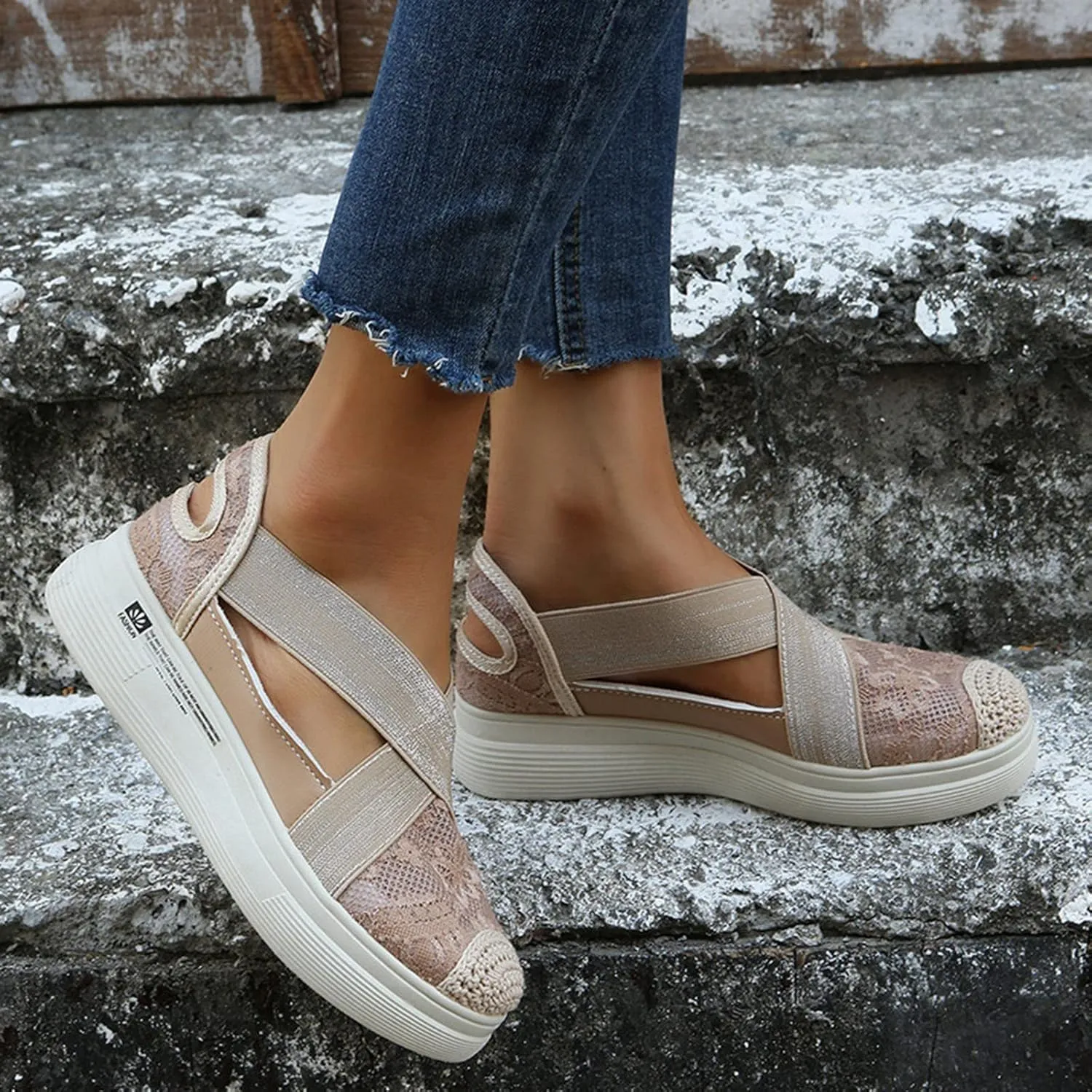 Hbeylia Women's Platform Slip On Loafers Lace Mesh Cut Out Crisscross Walking Shoes Chunky Bottom Heels Flats Low Top Fashion Casual Play Sneakers for Women Girls Work Nurse Outdoor Sports