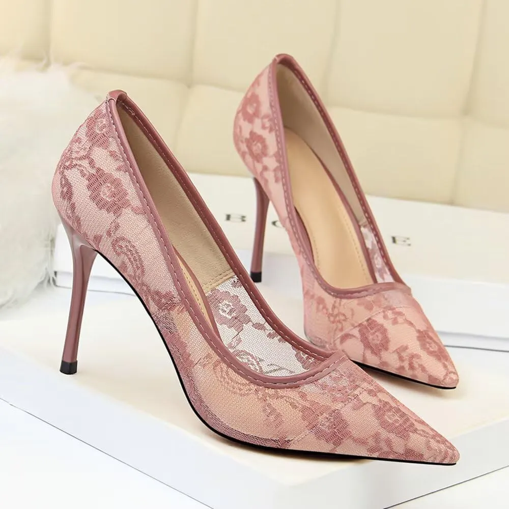Hee grand Women Sexy Pointed Toe Lace High Heels Comfort Work Pumps Ladies Stilettos Bridal Dress Shoes for Wedding