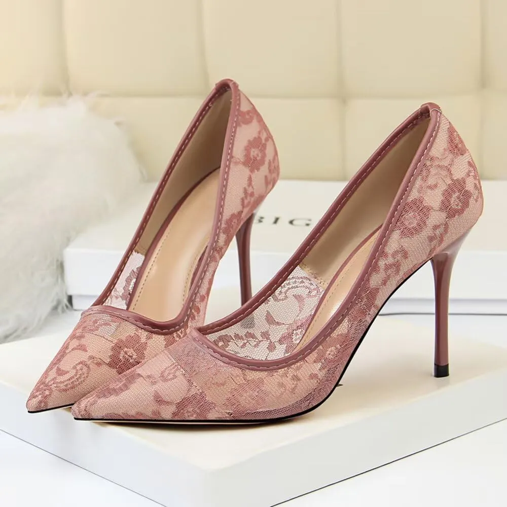 Hee grand Women Sexy Pointed Toe Lace High Heels Comfort Work Pumps Ladies Stilettos Bridal Dress Shoes for Wedding