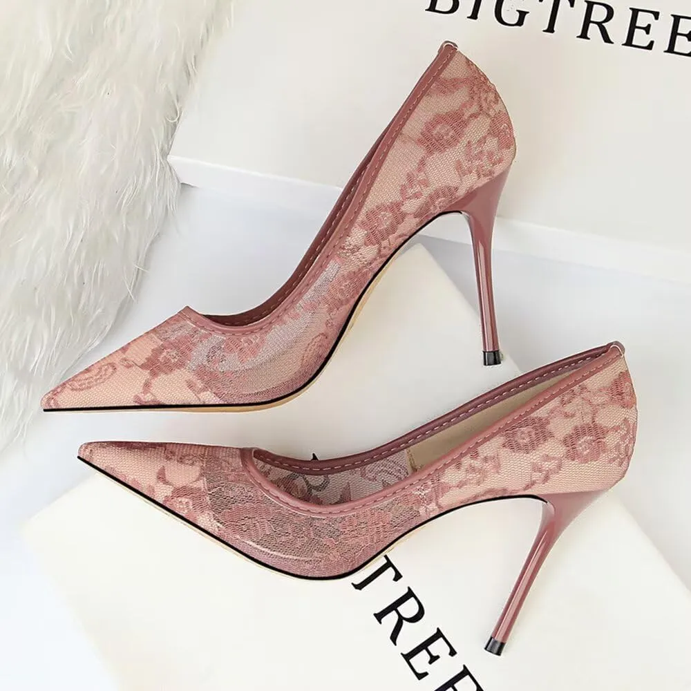 Hee grand Women Sexy Pointed Toe Lace High Heels Comfort Work Pumps Ladies Stilettos Bridal Dress Shoes for Wedding