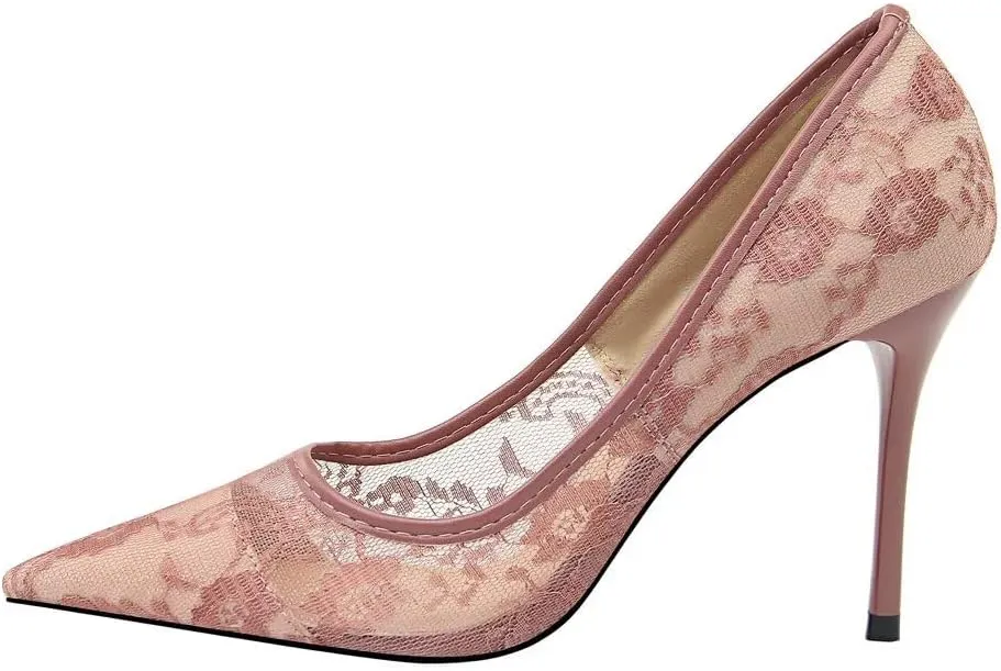 Hee grand Women Sexy Pointed Toe Lace High Heels Comfort Work Pumps Ladies Stilettos Bridal Dress Shoes for Wedding